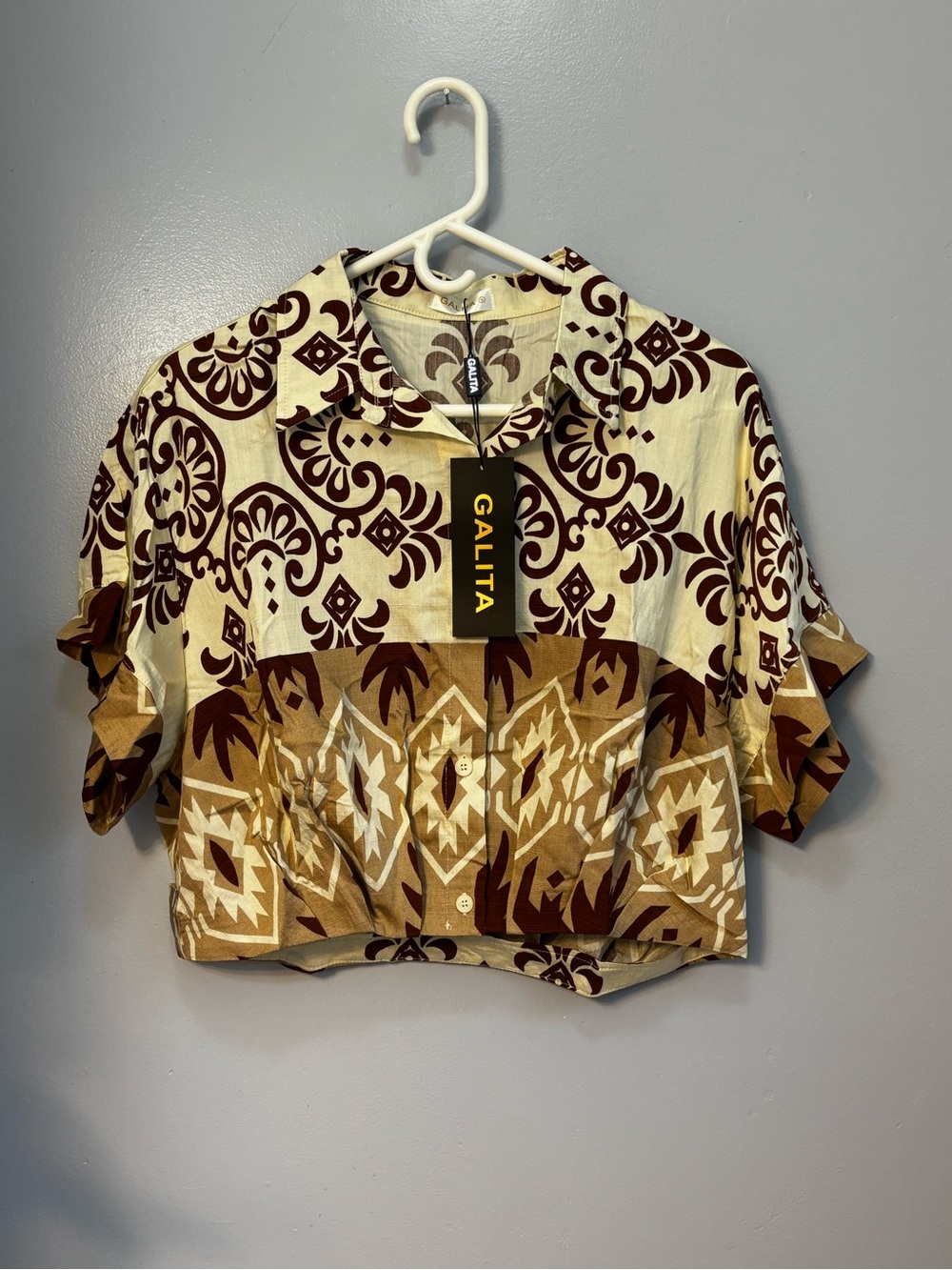 Galita Boho Geometric Mixed Print Cropped Button Down Shirt Sz S. NWT